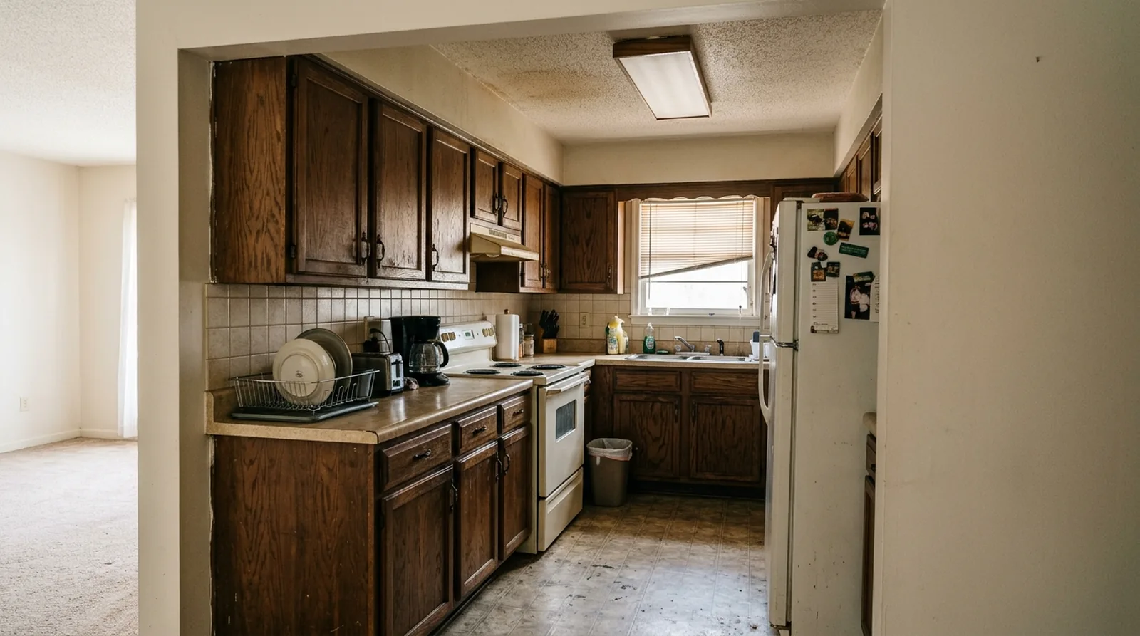 A dated 1980s kitchen before remodeling — dark oak cabinets, laminate counters, beige tile backsplash, older white appliances and a worn floor